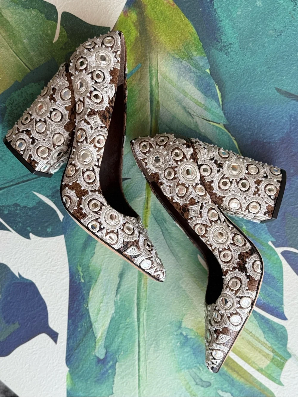TORY BURCH Embellished BEIGE Brown Lace Pointed Toe Pumps BLOCK HEELS FANCY